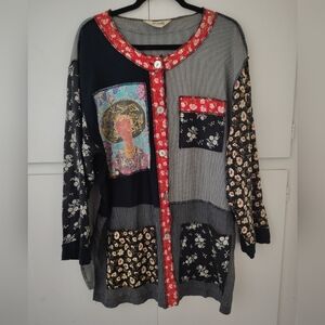Vtg 90s Fern Dratten Button Front Patchwork Tunic OS Art To Wear Portrait Boho